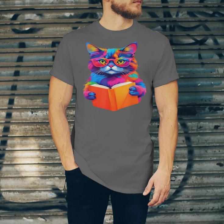 Cat Book Shirt Colorful Cat Reading Book Unisex Jersey T-Shirt