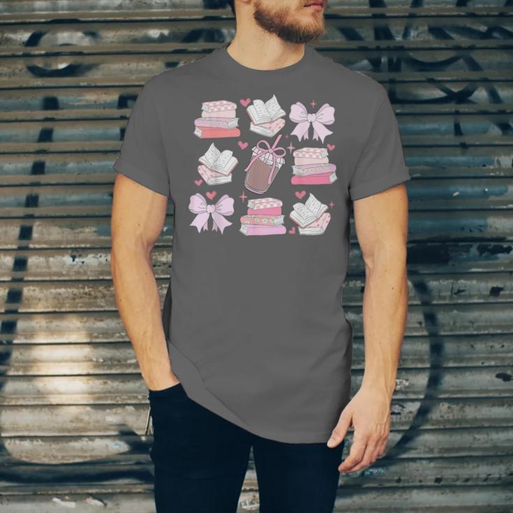 Coquette Bow Book Coffee Valentines Bookish Library Teacher Unisex Jersey T-Shirt