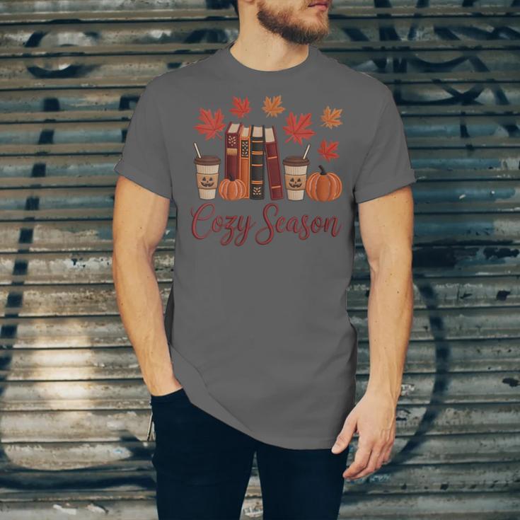 Cozy Season Autumn Leaves Books Pumpkins Fall Halloween Unisex Jersey T-Shirt Cozy Season Autumn Leaves Books Pumpkins Fall Halloween Unisex Jersey T-Shirt