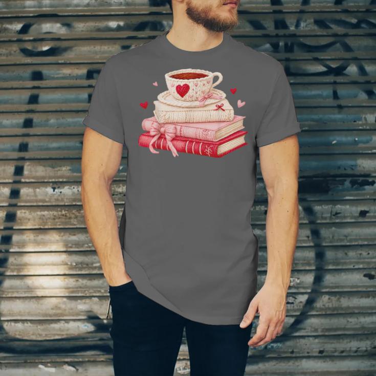 Cute Books And Coffee Crochet Valentines Day Tee For Couples Unisex Jersey T-Shirt