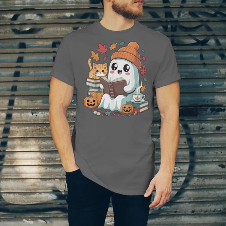 Cute Cozy Ghost Reading With Cat Book Lover Autumn Fall Unisex Jersey T-Shirt