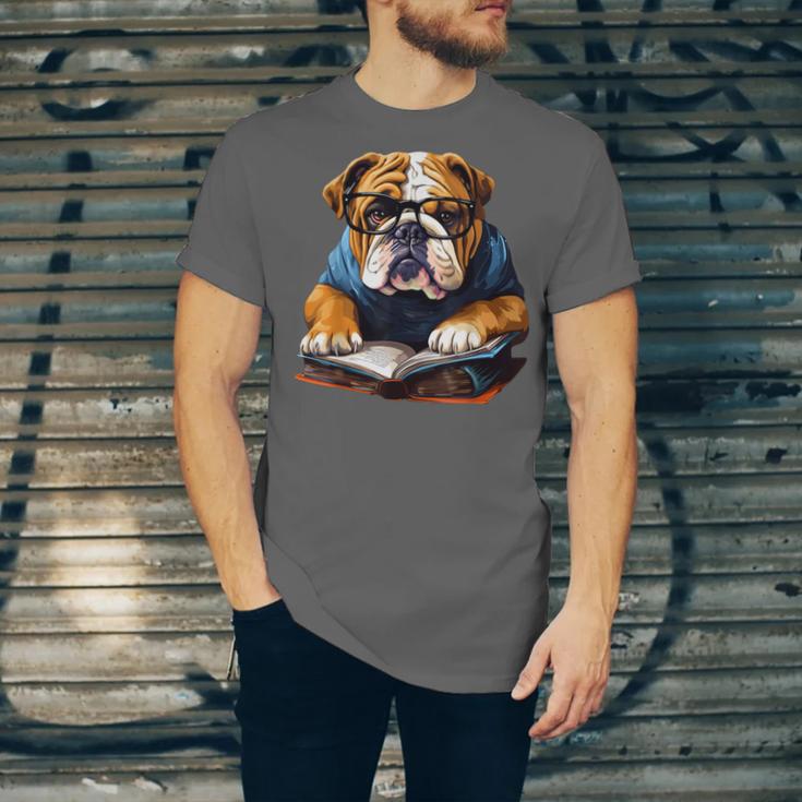 Cute Dog English Bulldog Reading Book Unisex Jersey T-Shirt