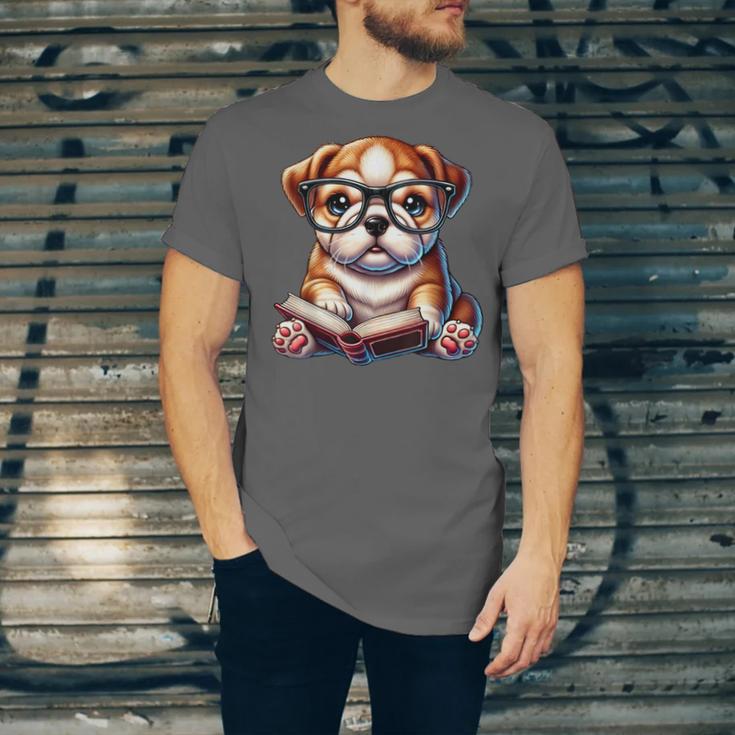 Cute Dog Puppy English Bulldog Reading Book Unisex Jersey T-Shirt Cute Dog Puppy English Bulldog Reading Book Unisex Jersey T-Shirt