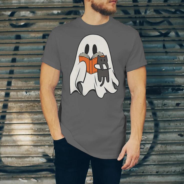 Cute Ghost Cat Reading Book Spooky Season Halloween Costume Unisex Jersey T-Shirt