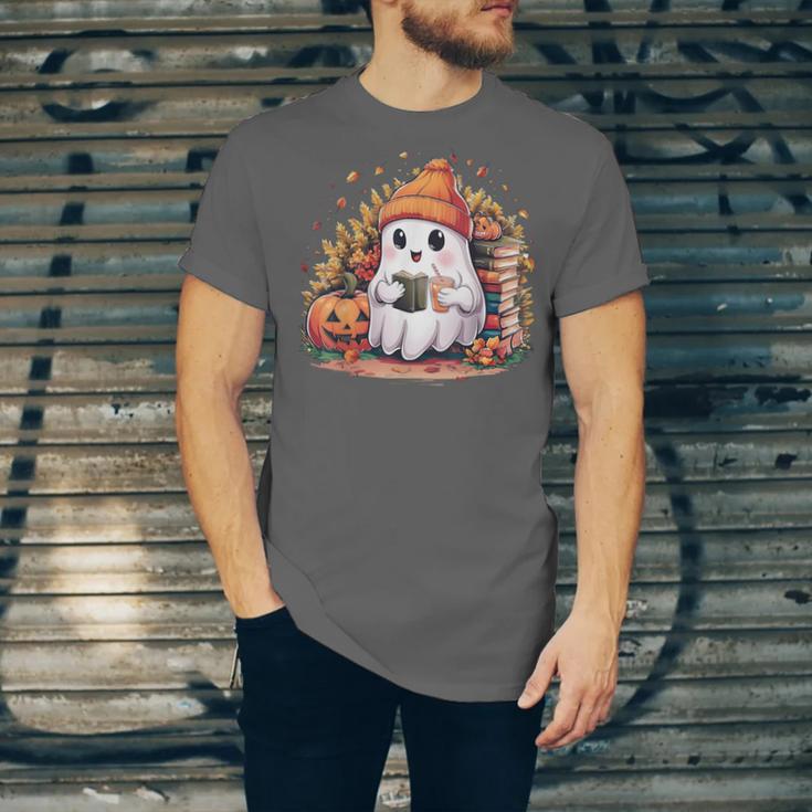 Cute Ghost Drinking Coffee Halloween Reading Book Retro Unisex Jersey T-Shirt