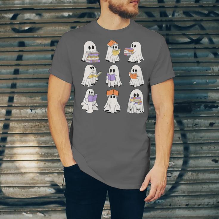 Cute Ghost Reading Books Teacher Halloween Reading Men Women Kids Unisex Jersey T-Shirt