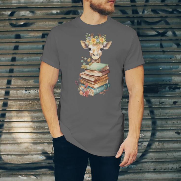 Cute Giraffe With Book Floral Bookworm Librarian Book Lover Unisex Jersey T-Shirt