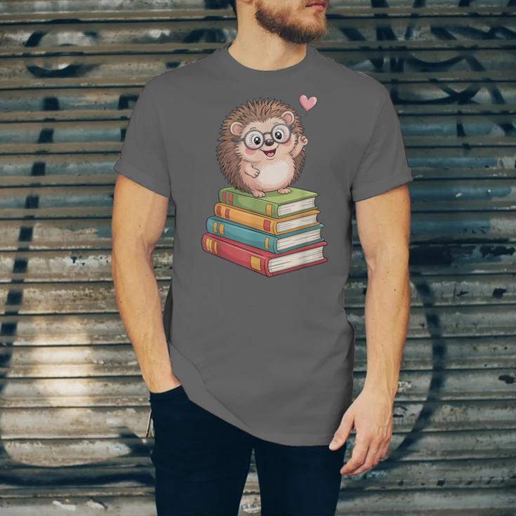 Cute Hedgehog Reading Books Animal Lover Reader Bookworm Unisex Jersey T-Shirt