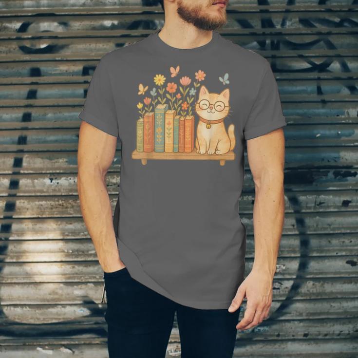 Cute Kawaii Cat Books Flowers Unisex Jersey T-Shirt