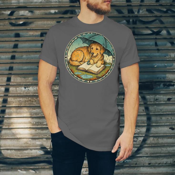 Dog Reading Book Rain Cozy Umbrella Cute Art Men Unisex Jersey T-Shirt Dog Reading Book Rain Cozy Umbrella Cute Art Men Unisex Jersey T-Shirt