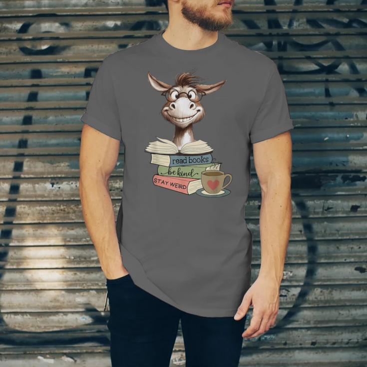 Donkey Reading Book Read Books Be Kind Stay Weird Librarian Unisex Jersey T-Shirt