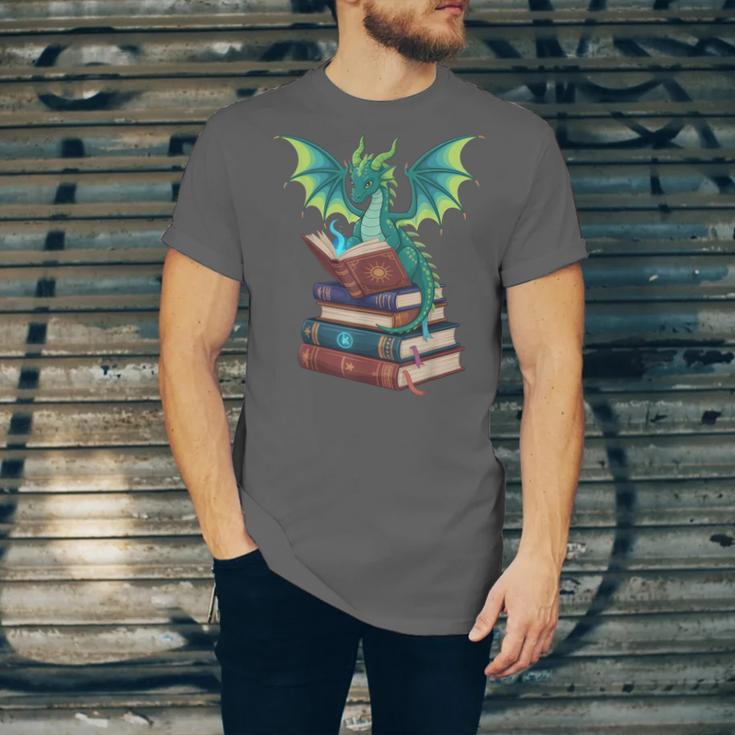 Dragon Reading Books Fantasy Lovers Mythical Creatures Unisex Jersey T-Shirt