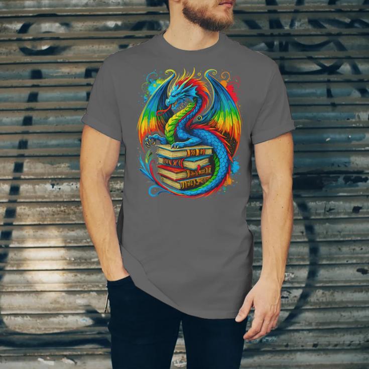 Dragon Reading Colorful Fantasy Book Lover Unisex Jersey T-Shirt