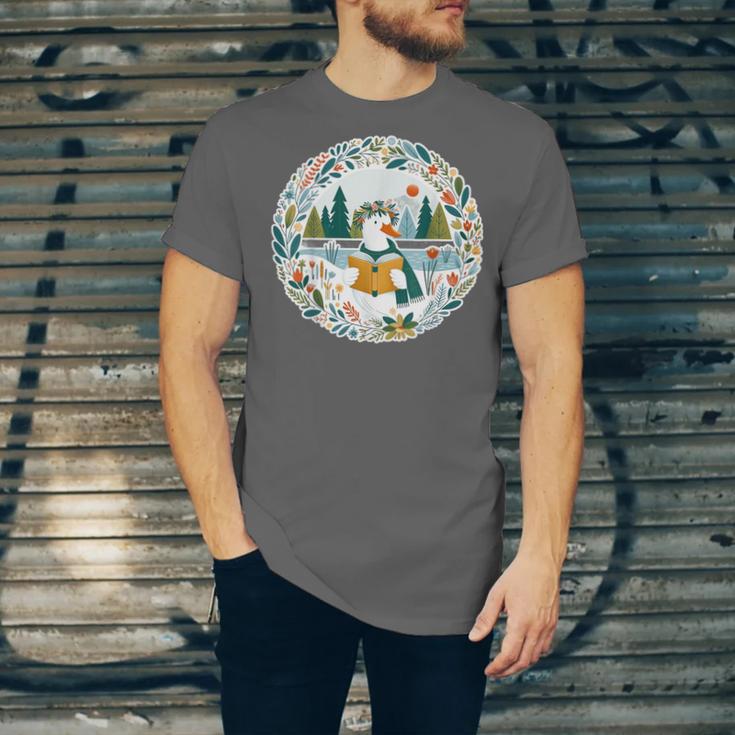 Duck Wilderness Book Reading Illustration Floral Unisex Jersey T-Shirt