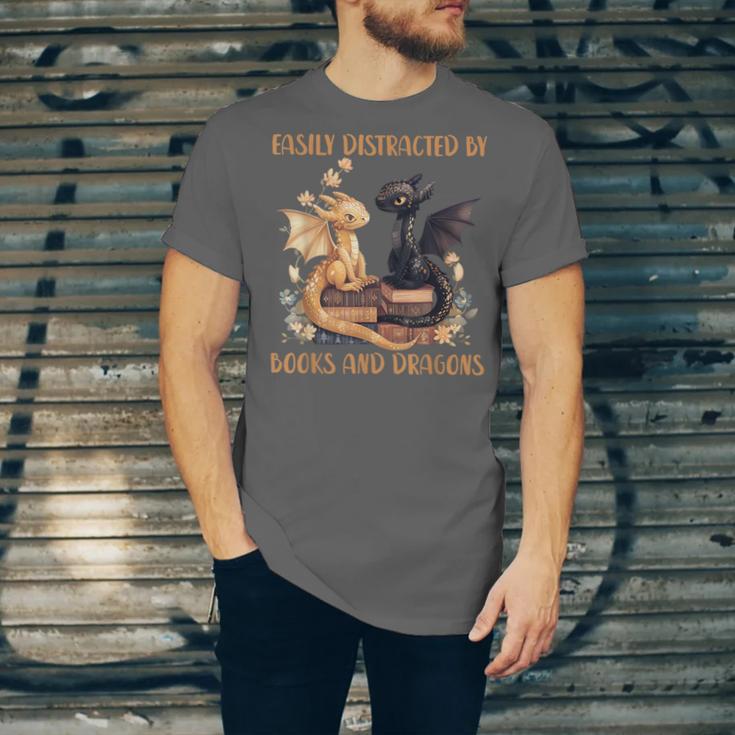 Easily Distracted By Books & Dragons Librarian Book Lover Unisex Jersey T-Shirt Easily Distracted By Books & Dragons Librarian Book Lover Unisex Jersey T-Shirt