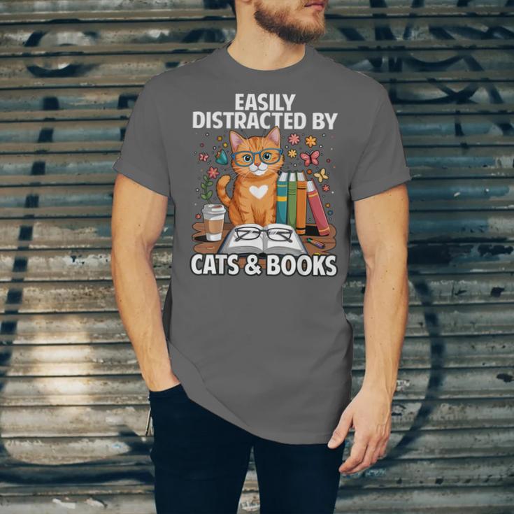 Easily Distracted By Cats And Books Book Lover Cat Unisex Jersey T-Shirt