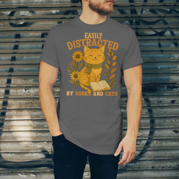 Easily Distracted By Cats And Books Cute Cat Book Lover Unisex Jersey T-Shirt