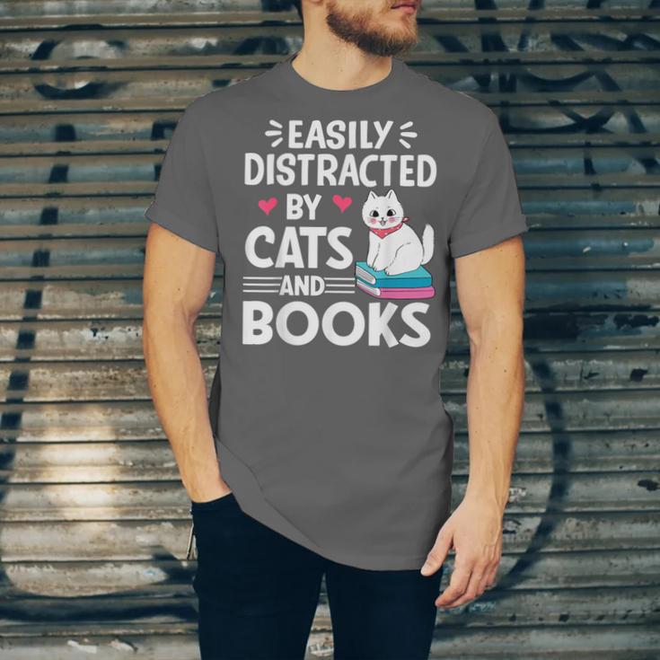 Easily Distracted By Cats And Books Cute Cat And Book Lovers Unisex Jersey T-Shirt