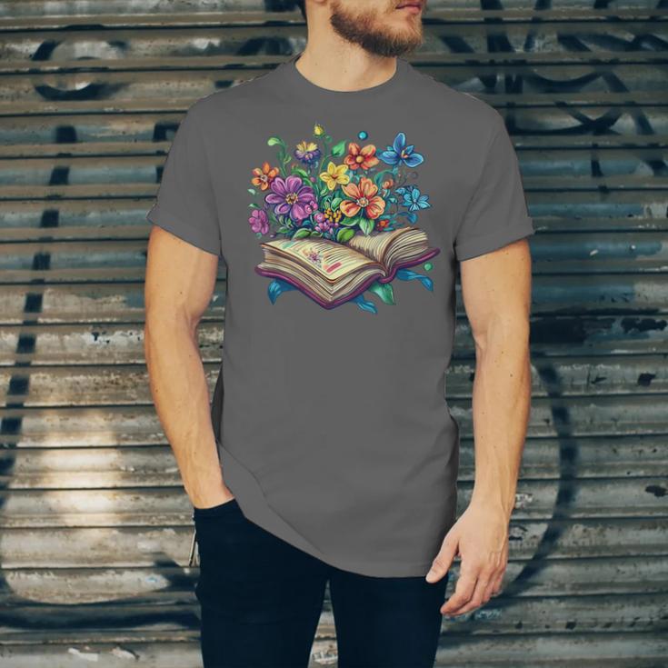Enchanted Open Book With Blooming Flowers Unisex Jersey T-Shirt Enchanted Open Book With Blooming Flowers Unisex Jersey T-Shirt