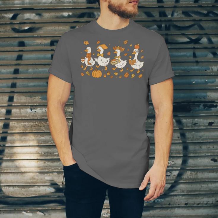 Fall Goose Reading Book Teacher Autumn Pumpkin Cozy Season Unisex Jersey T-Shirt