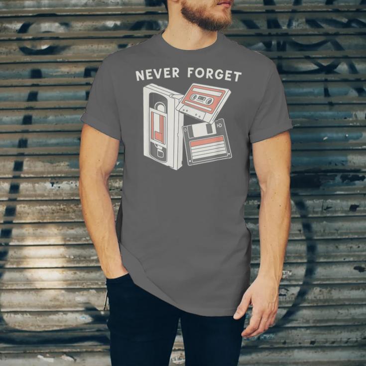 Never Forget VHS Tape Cassette Floppy Disk Nostalgia 80s 90s Unisex Jersey T-Shirt