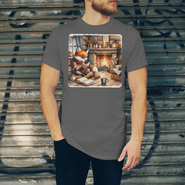 Fox Reads By Fireplace In Cabin Rustic Book Cozy Cup Tea Unisex Jersey T-Shirt