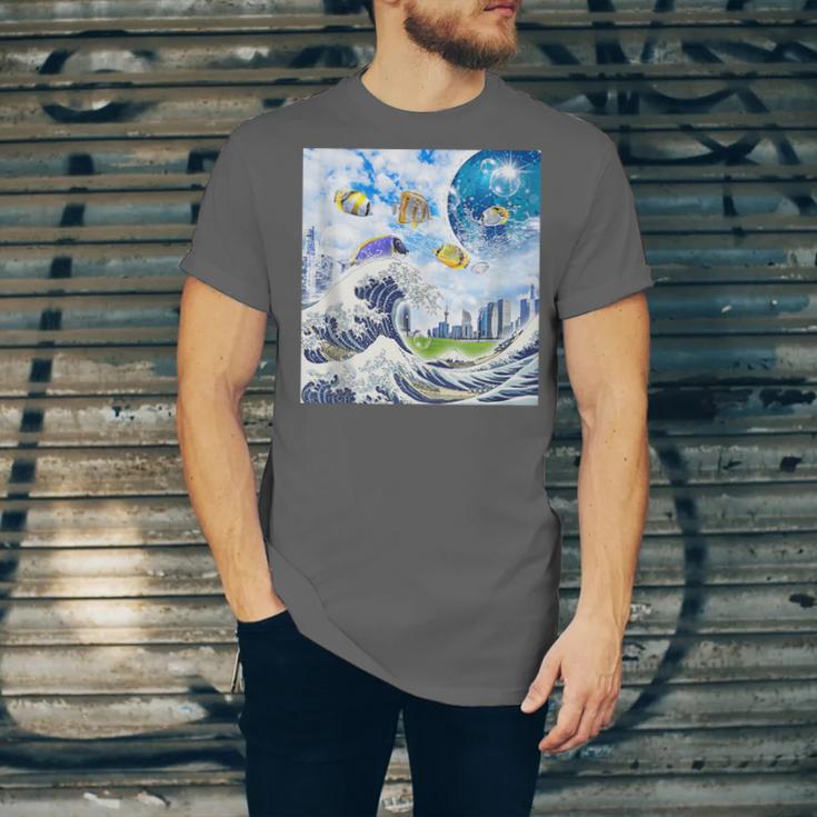 Frutiger Aero Aesthetic Tech Great Wave Of Kanagawa Fishes Unisex Jersey T-Shirt Frutiger Aero Aesthetic Tech Great Wave Of Kanagawa Fishes Unisex Jersey T-Shirt