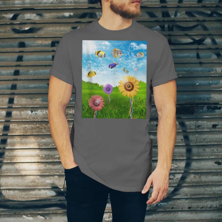 Frutiger Aero Aesthetic Tech Scenery Fishes Sunflower Unisex Jersey T-Shirt