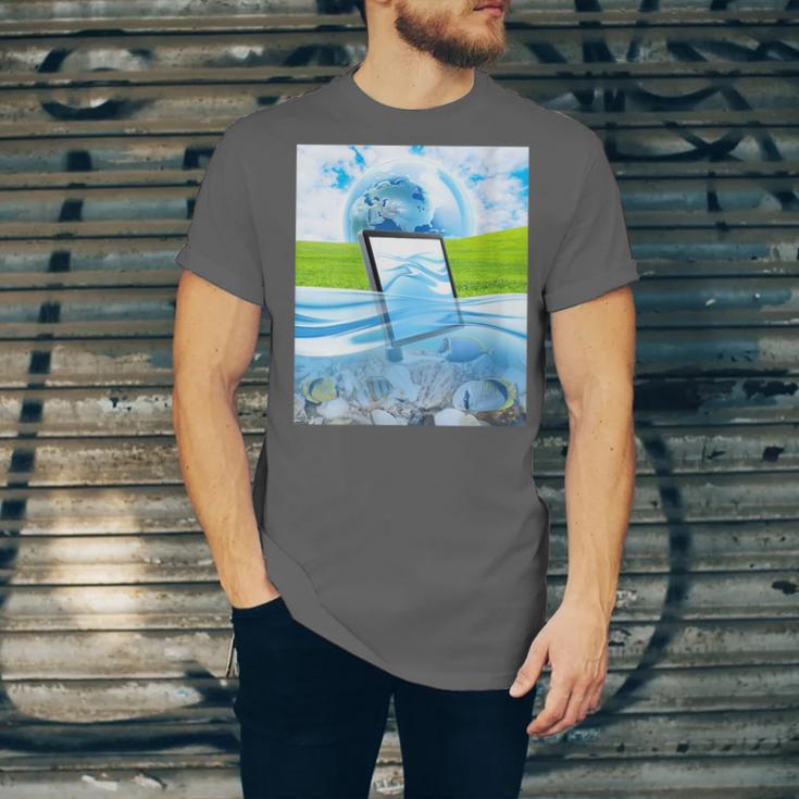 Frutiger Aero Aesthetic Tech Water Fishes Monitor Screen Unisex Jersey T-Shirt Frutiger Aero Aesthetic Tech Water Fishes Monitor Screen Unisex Jersey T-Shirt