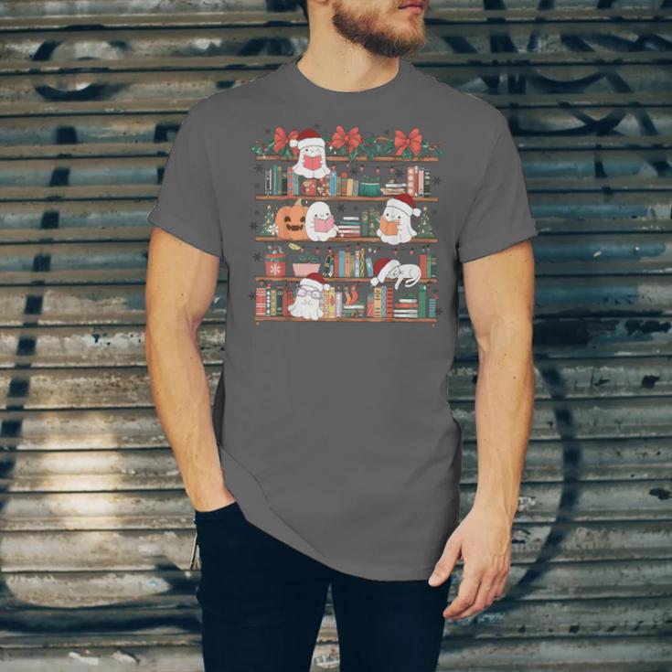 Ghost Christmas Reading Book Lover Library Christmas Teacher Unisex Jersey T-Shirt
