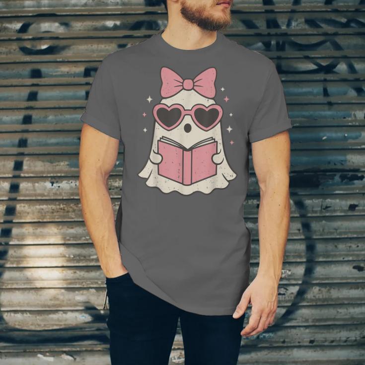 Ghost Reading Book Halloween Cat Lover Unisex Jersey T-Shirt