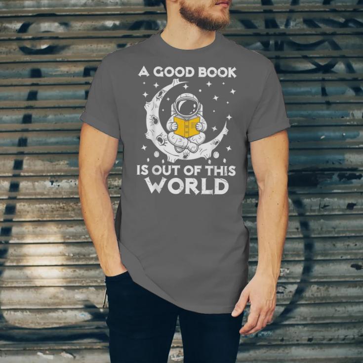 Good Book Is Out Of This World Astronaut Moon Space Reading Unisex Jersey T-Shirt