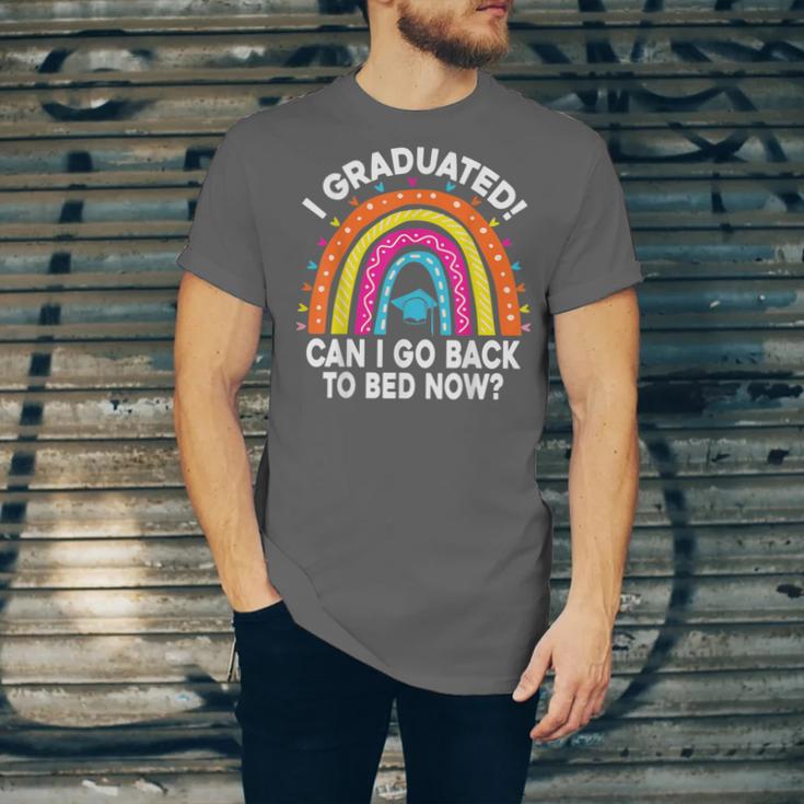 I Graduated Can I Go Back To Bed Now Graduation Hat Rainbow Unisex Jersey T-Shirt