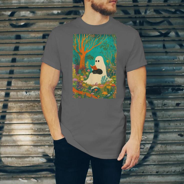 Groovy Ghost Reading Book Cat Halloween Ghost Teacher Unisex Jersey T-Shirt