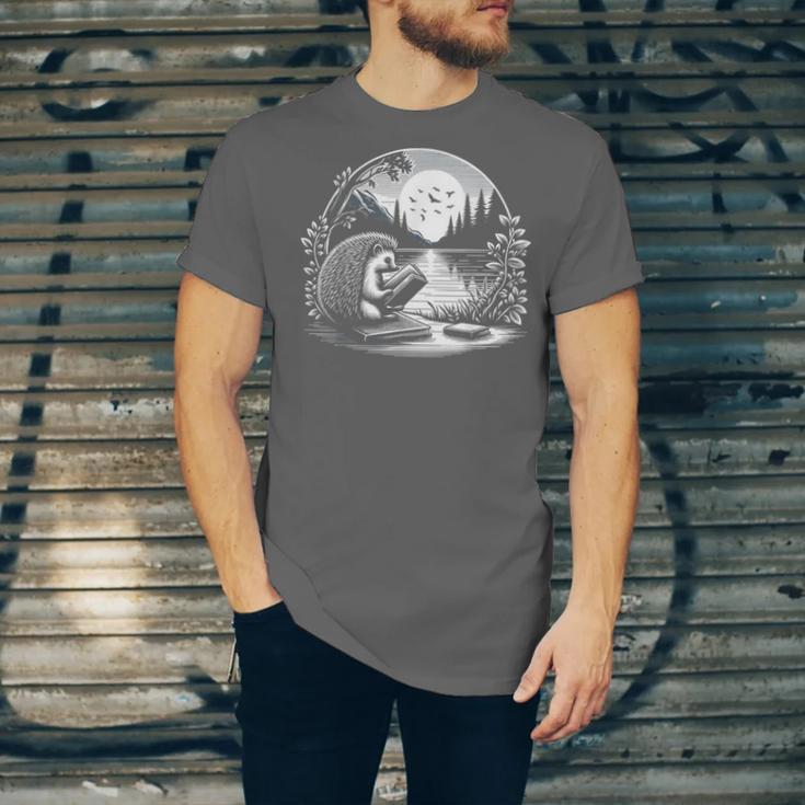 Hedgehog Reading Book Full Moon Lake Scenery Unisex Jersey T-Shirt