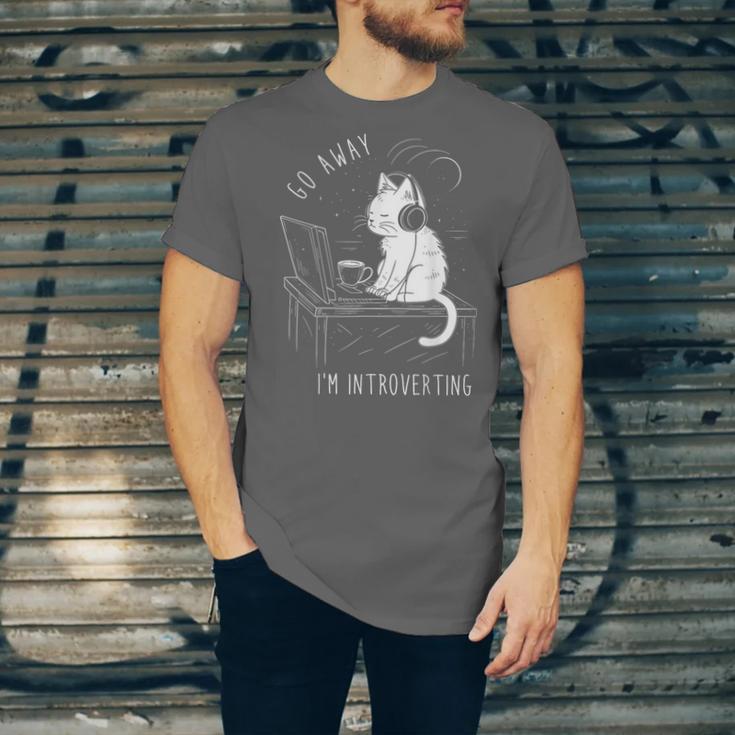 Introvert Cat With Coffee On Computer Antisocial Emo Goth Unisex Jersey T-Shirt