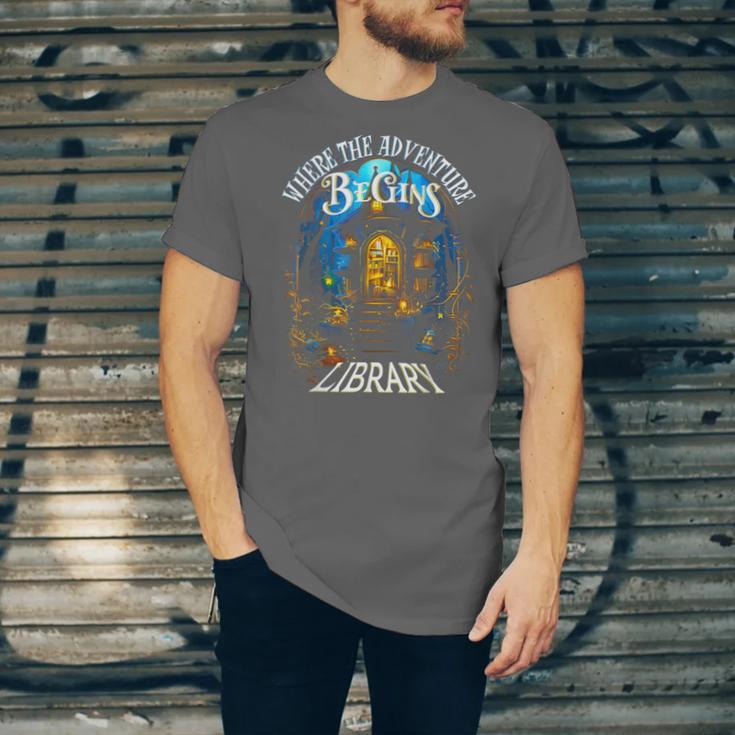 Library Where The Adventure Begins Book Reading Quote Unisex Jersey T-Shirt Library Where The Adventure Begins Book Reading Quote Unisex Jersey T-Shirt