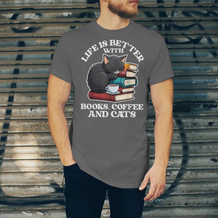 Life Is Better With Books Cats & Coffee Librarian Book Lover Unisex Jersey T-Shirt
