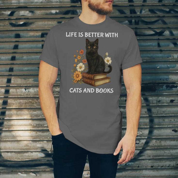 Life Is Better With Cats And Books Cute Cat Lover For Men Women Kids Unisex Jersey T-Shirt