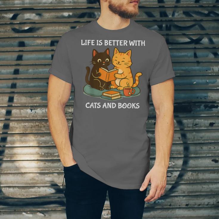 Life Is Better With Cats And Books Cute Cat Lover Unisex Jersey T-Shirt Life Is Better With Cats And Books Cute Cat Lover Unisex Jersey T-Shirt