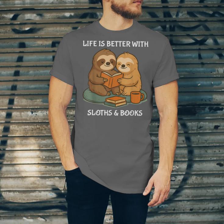 Life Is Better With Sloths And Books Cute Sloth Lover Unisex Jersey T-Shirt