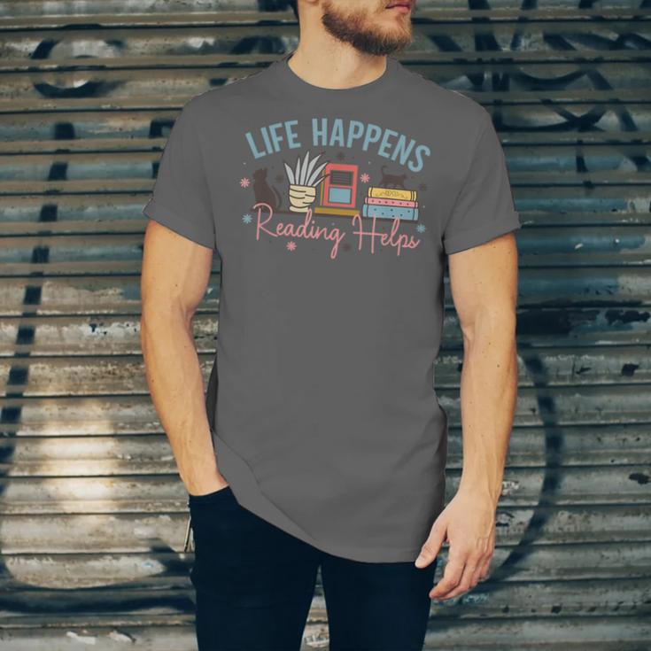 Life Happens Reading Helps Loves To Read Books Cats Unisex Jersey T-Shirt