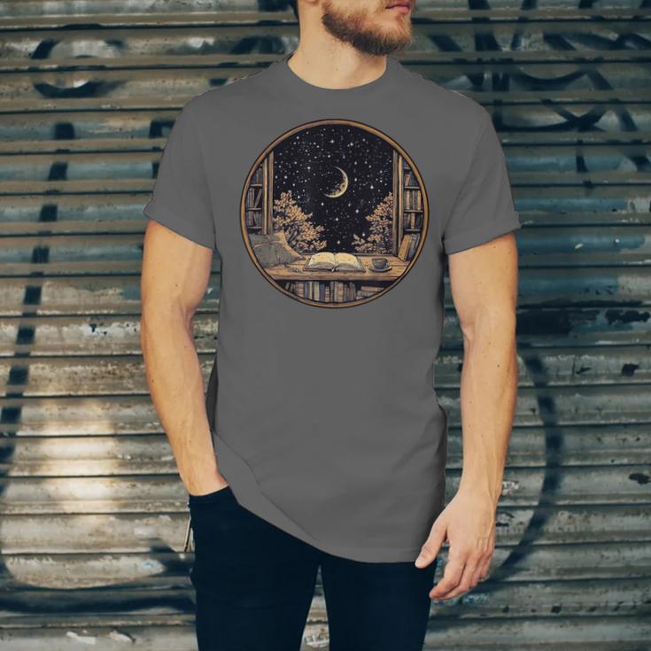 Moon Book Bookshelf Library Coffee Cup Star Stars Pattern Unisex Jersey T-Shirt