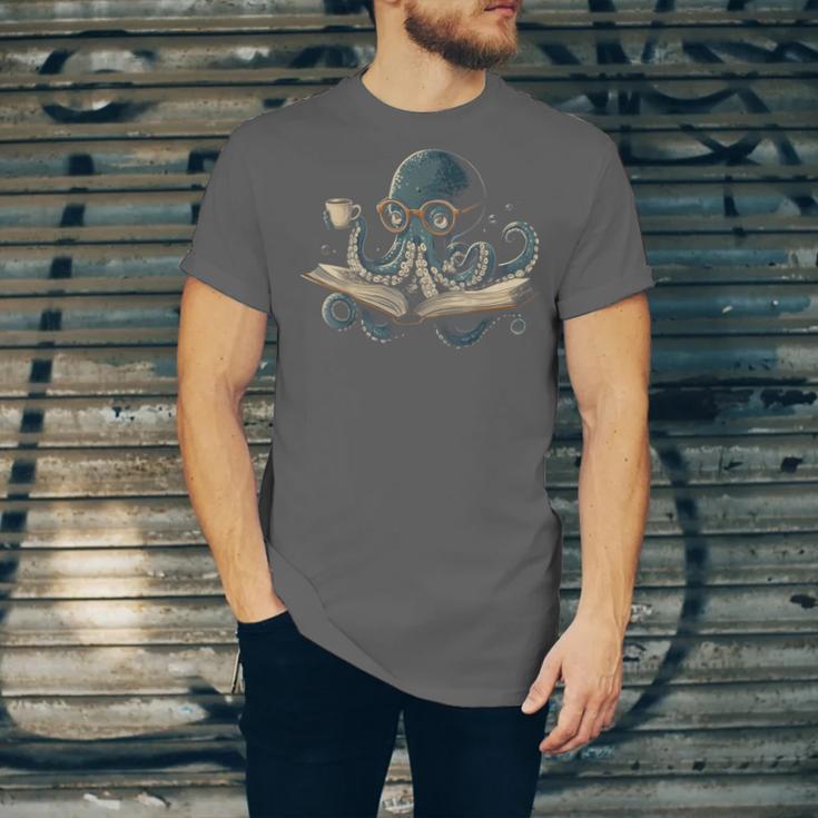 Octopus Reading Book Coffee Book Lover Bookworm Nerd Unisex Jersey T-Shirt
