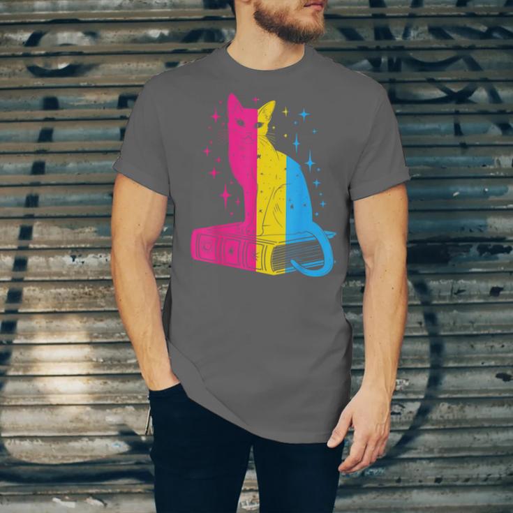 Pansexual Pride Celestial Cat Sitting Book LGBTQ Pan Colors Men Women Unisex Jersey T-Shirt