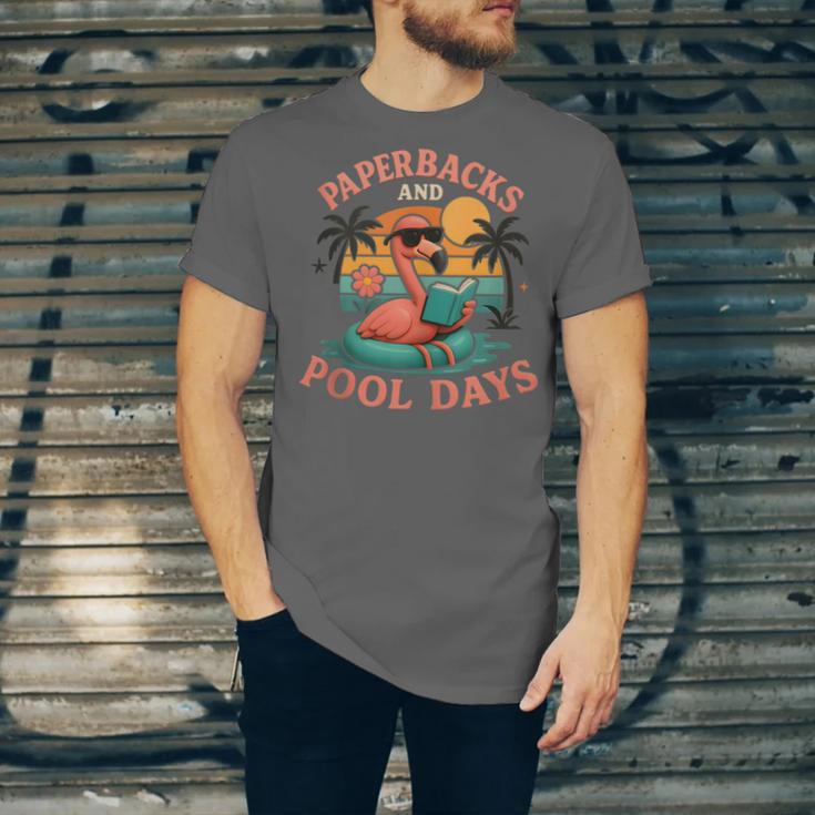 Paperbacks And Pool Days Flamingo Reading Summer Vibes Books Unisex Jersey T-Shirt