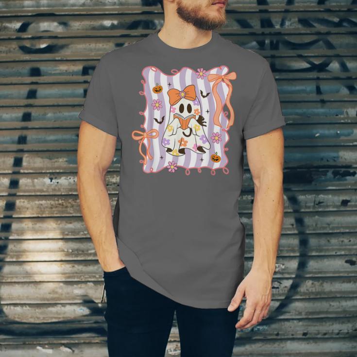 Preppy Coquette Bow Ghost Reading Books Halloween Book Unisex Jersey T-Shirt