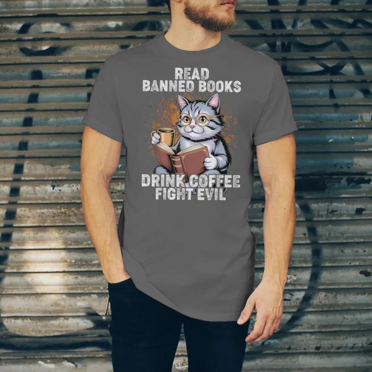 Read Banned Books Drink Coffee Fight Evil Cat Unisex Jersey T-Shirt