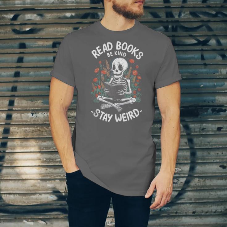 Read Books Be Kind Stay Weird Skeleton Reading Goth Flower Unisex Jersey T-Shirt Read Books Be Kind Stay Weird Skeleton Reading Goth Flower Unisex Jersey T-Shirt