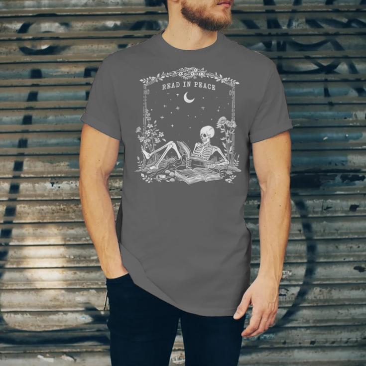 Read In Peace Skeleton Reading Book Halloween Bookish Unisex Jersey T-Shirt